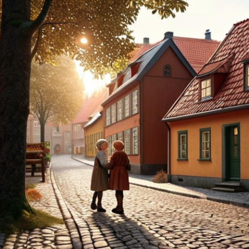 **A cozy Swedish town scene:** Cobblestone street with a bakery in the background, emitting a warm glow and the scent of freshly baked "bullar" (cinnamon buns). In the foreground, Sophie and Ruby are whispering and glancing towards a dark, mysterious forest bordering the town. The style should evoke a sense of both everyday life and underlying mystery, inspired by Astrid Lindgren's works. Use a warm, inviting color palette contrasted with shadows from the nearby forest.