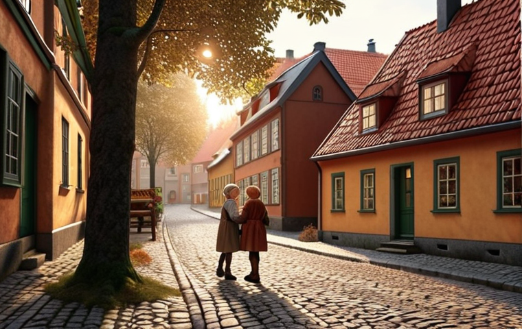 **A cozy Swedish town scene:** Cobblestone street with a bakery in the background, emitting a warm glow and the scent of freshly baked "bullar" (cinnamon buns). In the foreground, Sophie and Ruby are whispering and glancing towards a dark, mysterious forest bordering the town. The style should evoke a sense of both everyday life and underlying mystery, inspired by Astrid Lindgren's works. Use a warm, inviting color palette contrasted with shadows from the nearby forest.