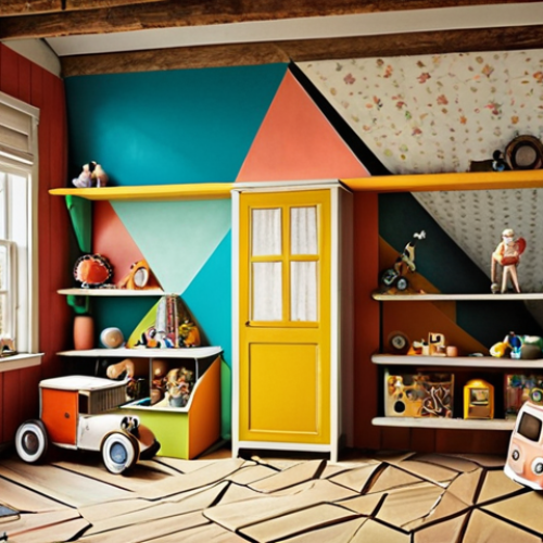 **A vibrant and nostalgic collage painting.** The image should evoke childhood memories and a sense of whimsy. Incorporate elements like old toys, faded photographs, and geometric shapes alongside organic lines. Use a color palette of contrasting bright colors and muted tones. The overall feel should be playful and dreamlike, similar to the feeling of finding a hidden treasure in an attic.
