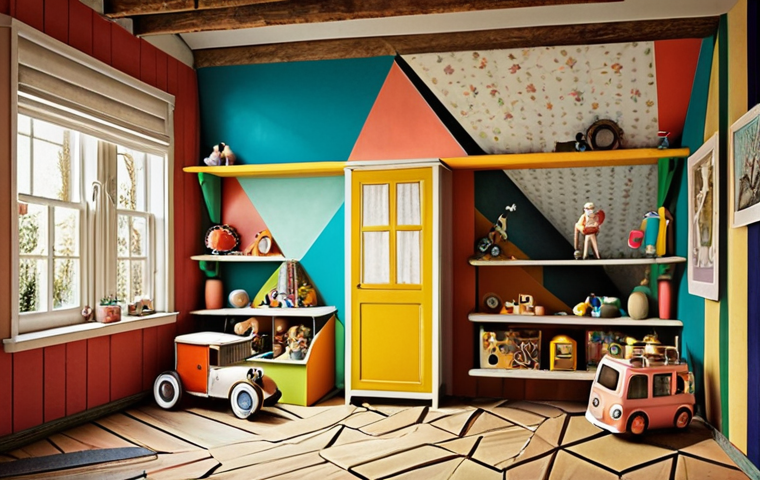 **A vibrant and nostalgic collage painting.** The image should evoke childhood memories and a sense of whimsy. Incorporate elements like old toys, faded photographs, and geometric shapes alongside organic lines. Use a color palette of contrasting bright colors and muted tones. The overall feel should be playful and dreamlike, similar to the feeling of finding a hidden treasure in an attic.